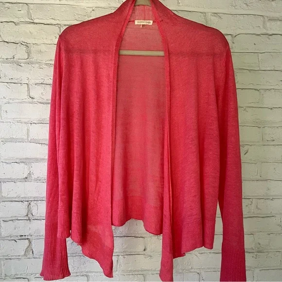 EILEEN FISHER Coral Pink Linen Tie-Front Cardigan - Picture 2 of 9